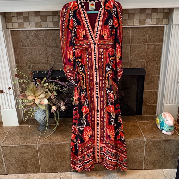 FARM Rio Dresses & Skirts - Farm Rio Red Nature Beauty Scarf Long Sleeve Maxi Dress